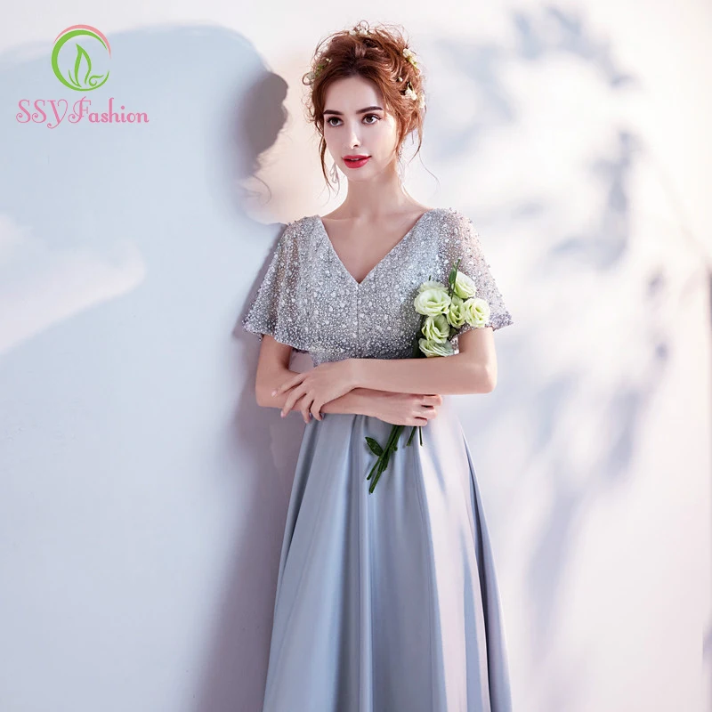 Женское вечернее платье SSYFashion элегантное серое атласное с бусинами и v образным