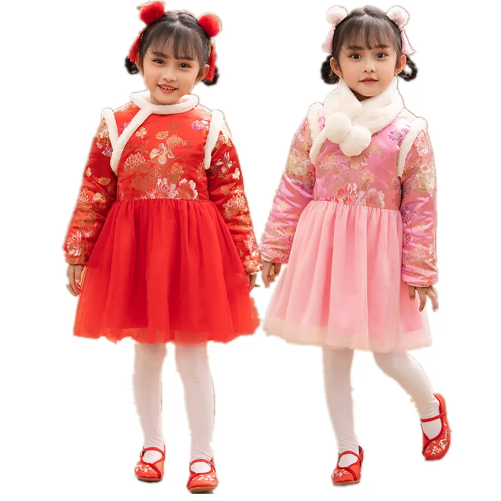 Floral Baby Girl Coat Dress Children Qipao Clothes Fleece Tutu Chinese