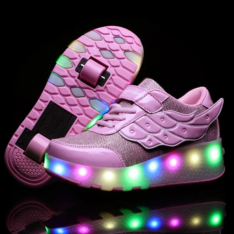 Новый розовый зарядка через usb Мода для мальчиков и девочек жидкокристаллический световой ролик скейт обувь для детей кроссовки с