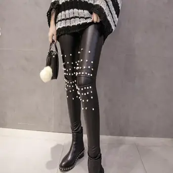 

Women Autumn Winter Faux Leather Leggings Rivets Slim Fit Pencil Pants New
