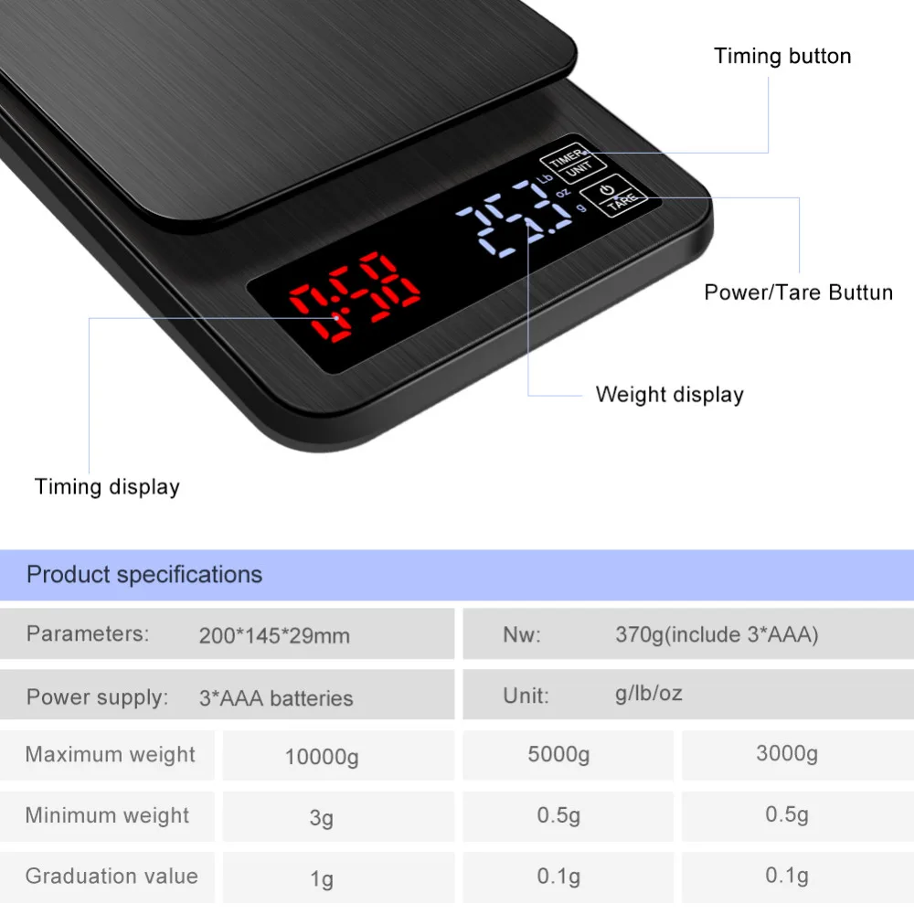 Yieryi светодиодный цифровой кофе электронные весы с синхронизации, USB разъем питания кухонные весы 3 кг/0,1 г, 5 кг/0,1 г, 10 кг/1 г карманные весы