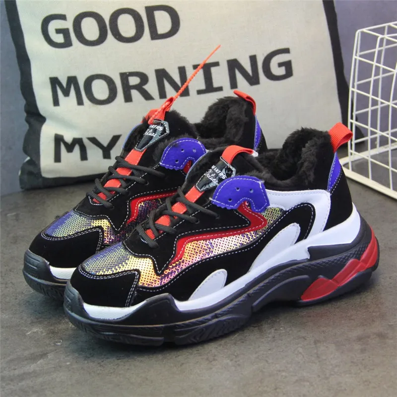 SWYIVY Bling Black Sneakers Platform Shoes Female 2019 New Winter Velvelt Fur Warm Spring Casual Shoes Woman Chunky Sneakers 40