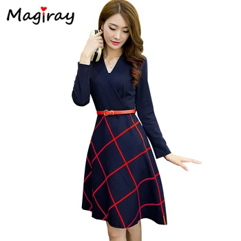 

Magiray Harajuku Autumn Winter Dress Women 2020 Long Sleeve V Neck A Line Belt Midi Dress Elegant Plaid Vestidos Robe Femme C326