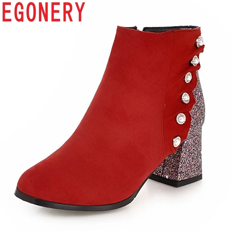 

EGONERY 2018 fashion sequin heel shoes woman side zipper square toe ankle boots lady string bead high heels dress party booties