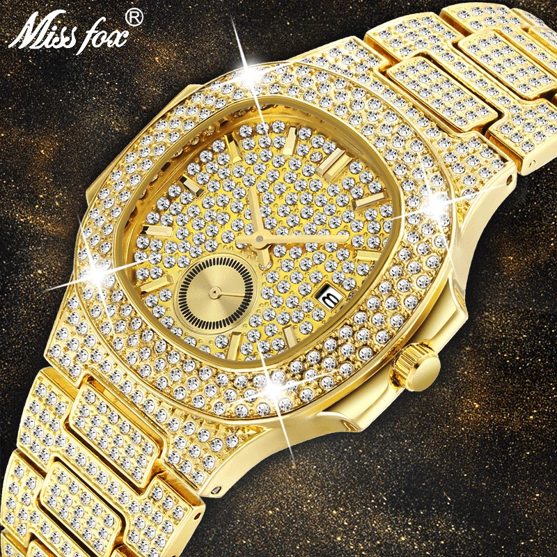 

Mens Watches Top Brand Luxury MISSFOX NEW Trending 18K Gold Watch Men Chronograph Waterproof Big Hublo Steel Full Diamond Watch