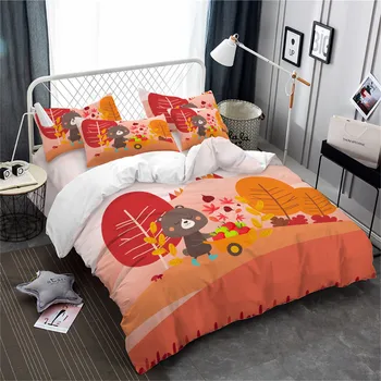 

Little Bear Bedding Set Autumn Natural Scenery Print Duvet Cover Set Orange Forest Print Bedding King Queen Pillowcase 3Pcs D20