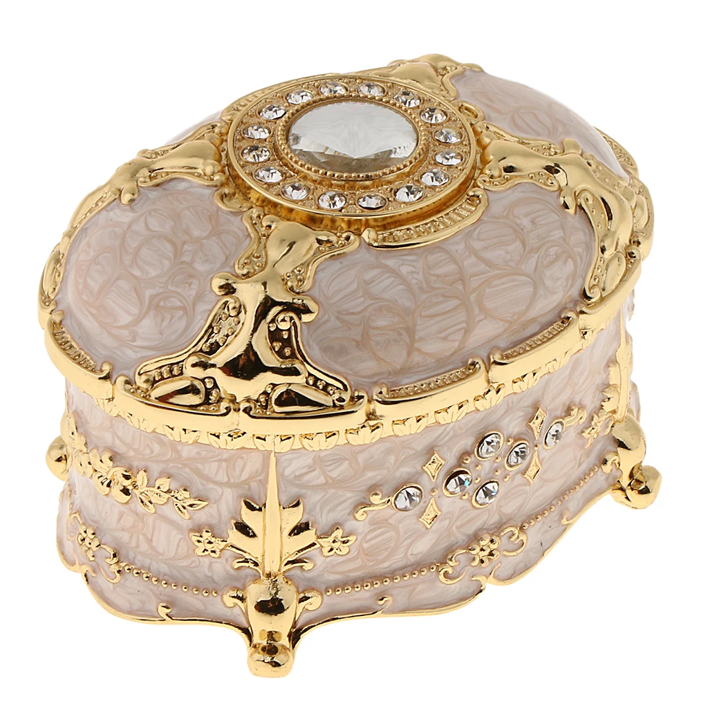 Crystal Enamel Oval Metal Vintage Jewelry Box Gift Earrings Ring Storage Box