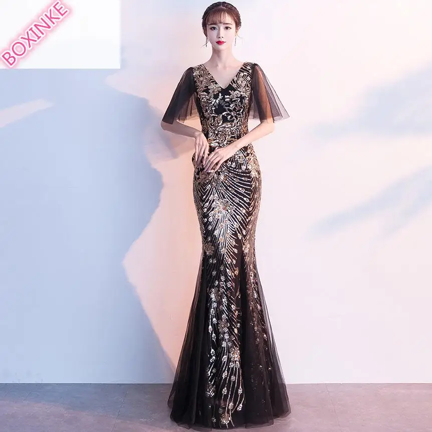 

2019 Rushed Ukraine Dress Vestido De Festa Summer New And Sequined Long Banquet Noble Sequin Host V-neck Slimming Fishtail