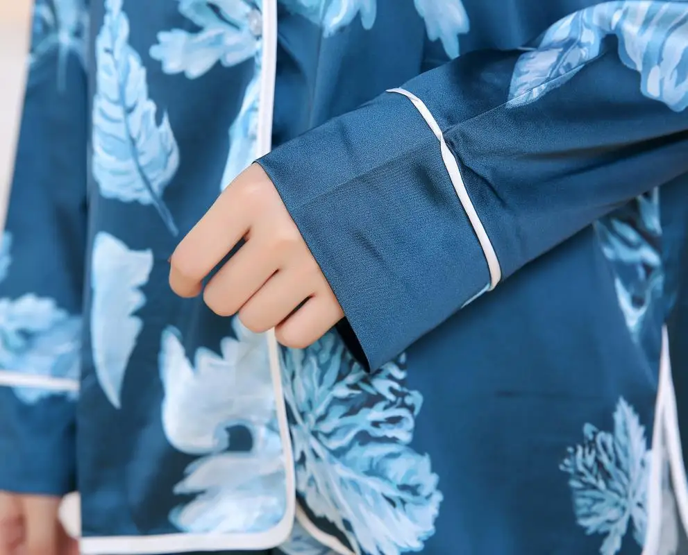 Летние женские шелк льда ночная рубашка корейские женские длинные рукава шелковые пижамы в виде кленового листа Весна-осень loungewear