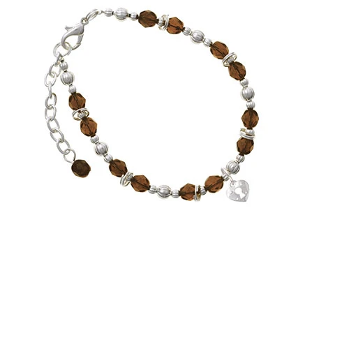 Silvertone Mini Heart Lock Brown Beaded Bracelet