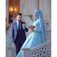 Real Pictures Long Sleeve Muslim Elegant Women Dress For Wedding Party Prom Hijab Gelinlik Blue Lace Vestidos De Festa Longo