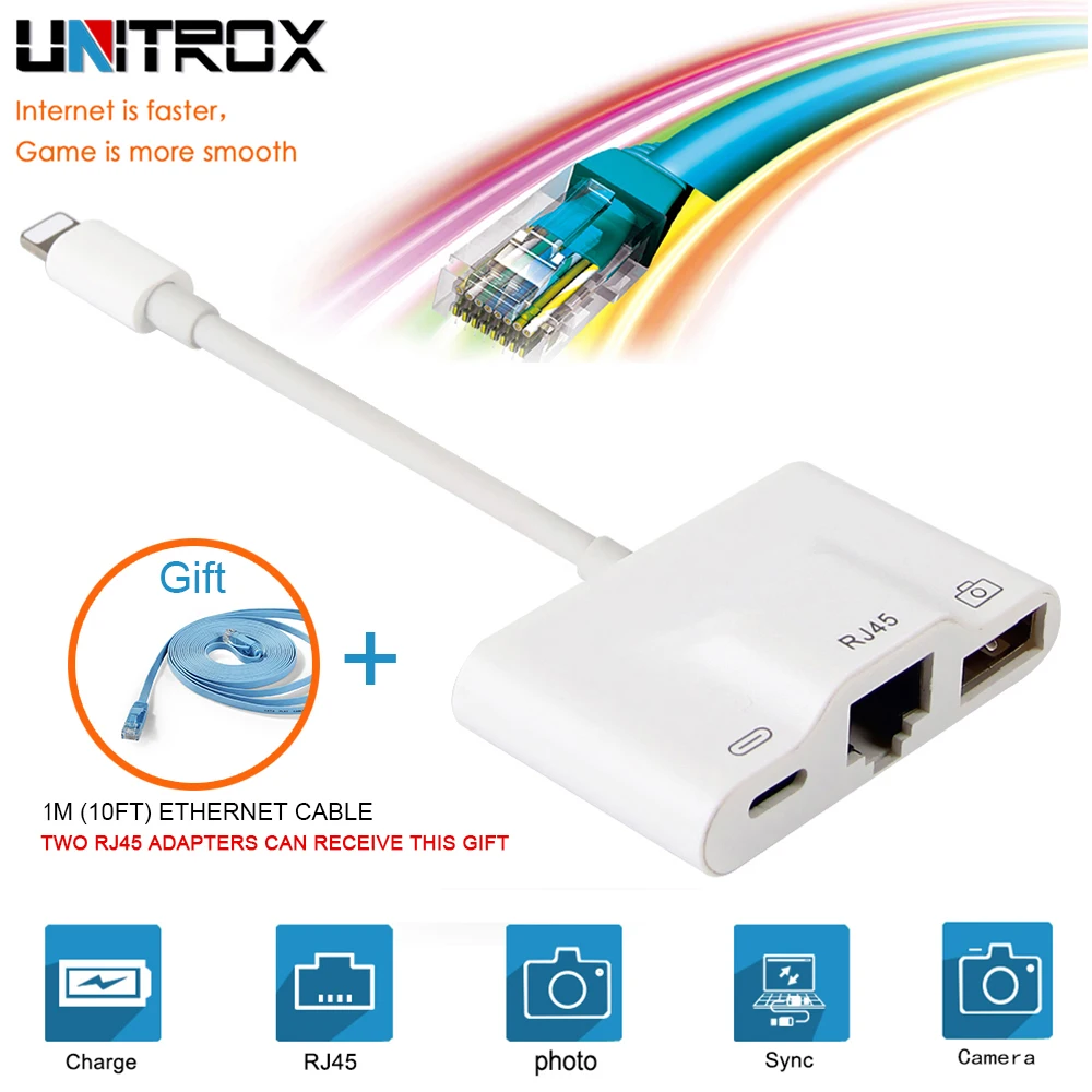 

Adapter For Lightning to RJ45 Ethernet LAN Wired Network with USB 3.0 OTG Digital Camera Reader Converter For iPhone X/XR/XS/8/7