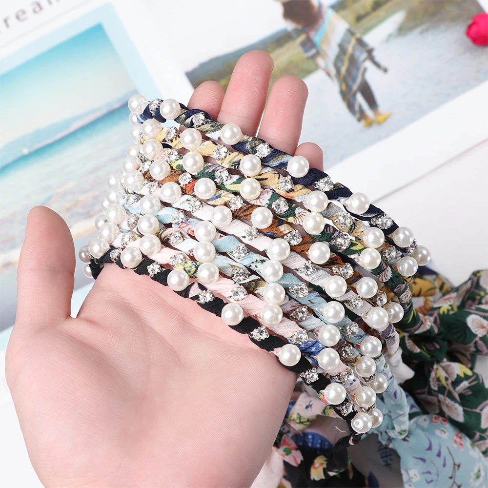 

1PC New Women Printed Satin Hairband Ribbon Bow Pearl Hair Hoop Girls Hair Accessories Hairstyle Headband Fashion Tiara