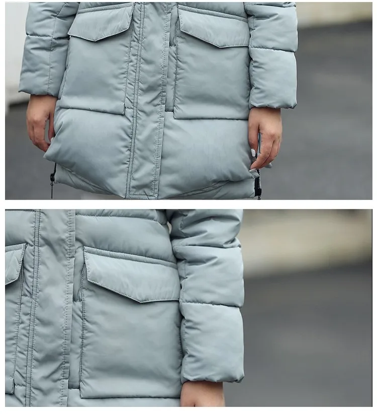 Женские зимние куртки, длинная толстая стеганая куртка с капюшоном, воротник из искусственного меха енота, пальто с хлопковой подкладкой для женщин, большие размеры HJ439