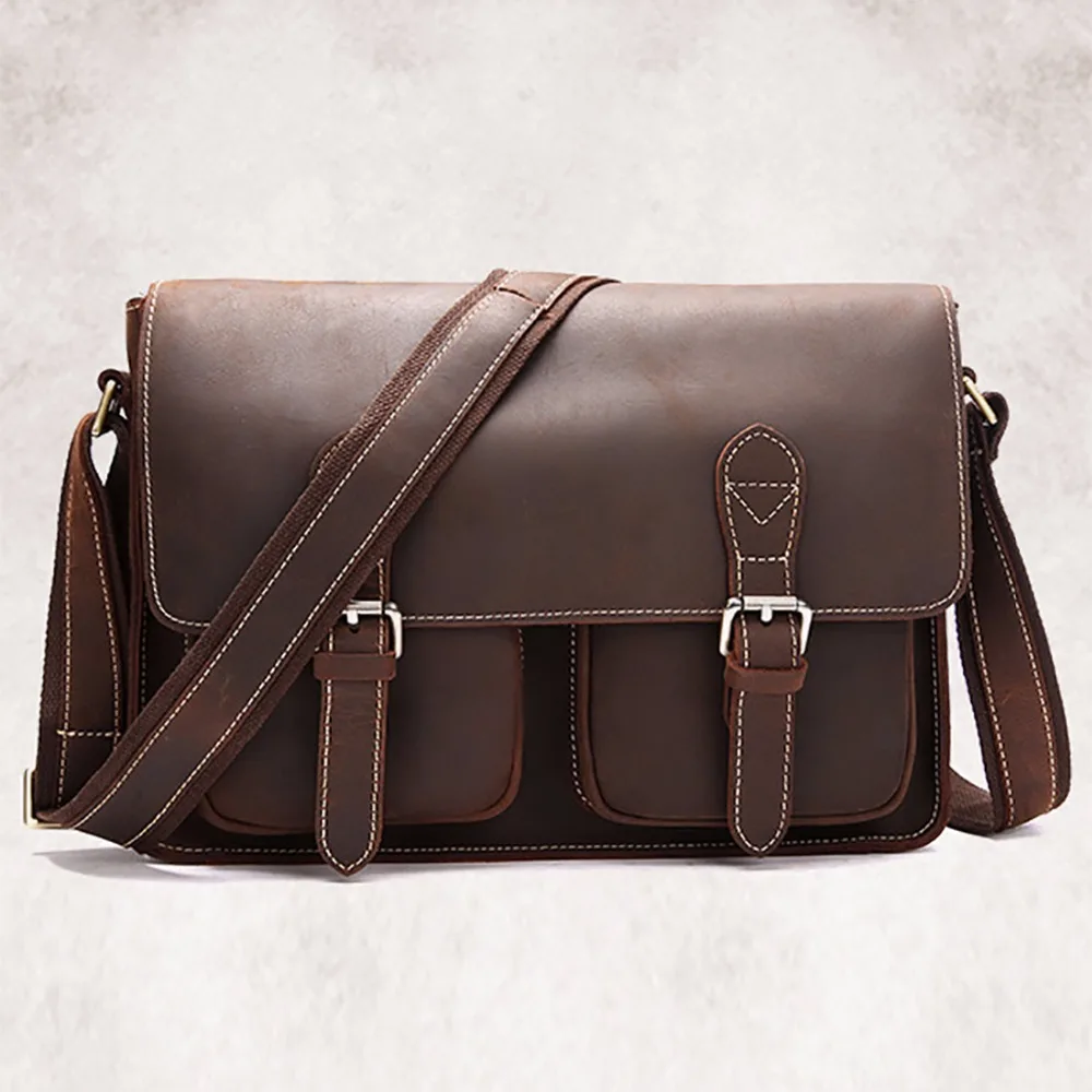 Crazy Horse Cowhide Shoulder Bag Men Messenger Briefcase Travel Casual Vintage Designer Genuine Real Leather Male CrossBody Pack