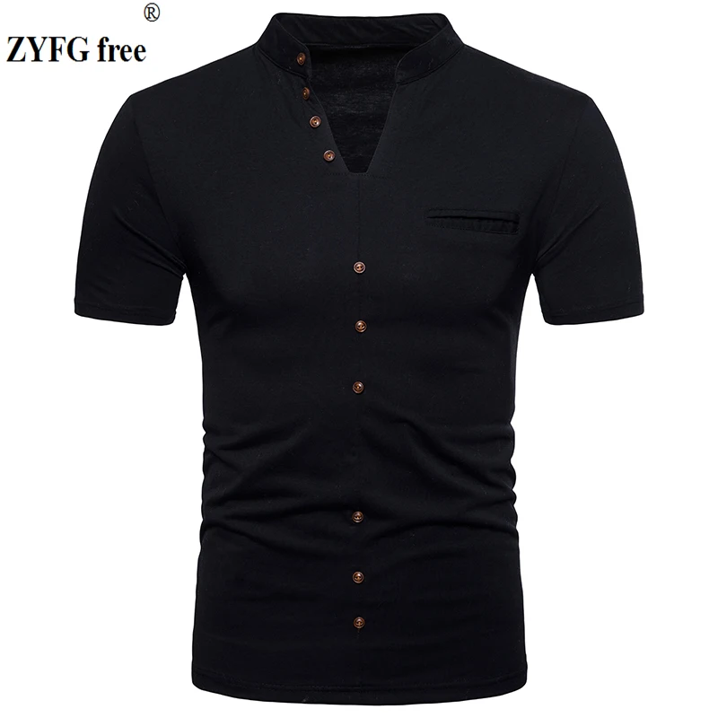 

Male 2018 Short Sleeve T-Shirt buttons and Fake pocket decoration Slim Henry collar brand clothing Tees t shirts Tops EU/US size