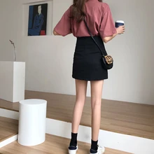 Черная сексуальная юбка с разрезом короткая юбка с высокой талией летняя тонкая Студенческая юбка