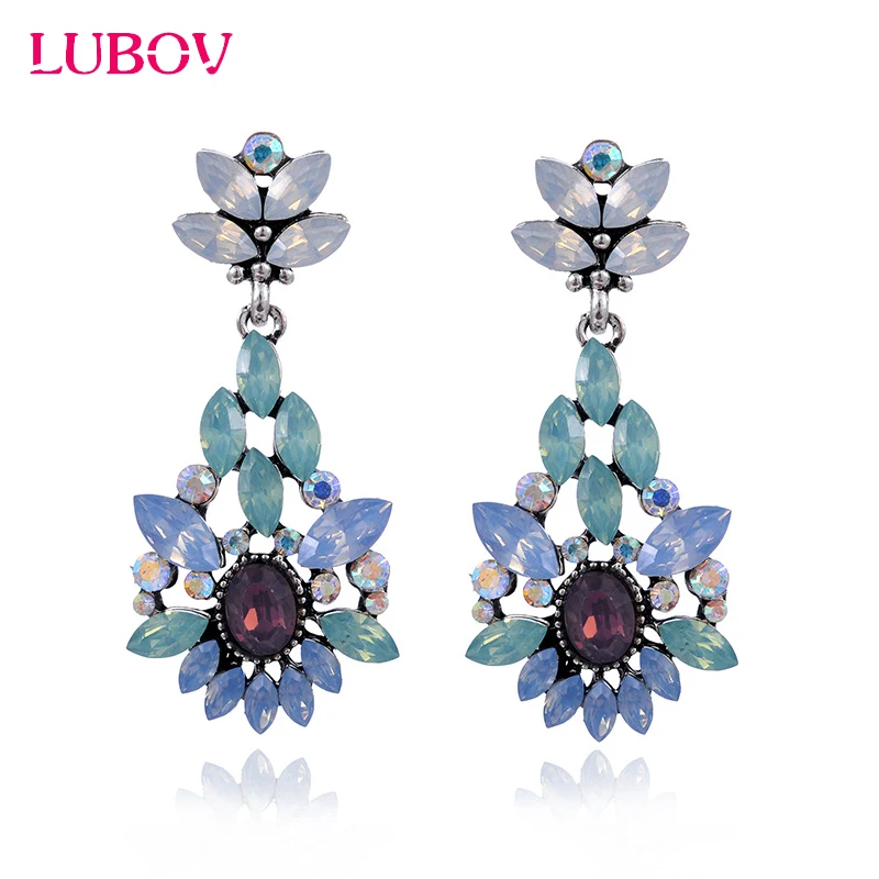 

LUBOV Elegant Blue Purple Crystal Stone Flower Pendant Dangle Earrings Women Rhinestone Acrylic Flower Drop Earrings Party Jewel