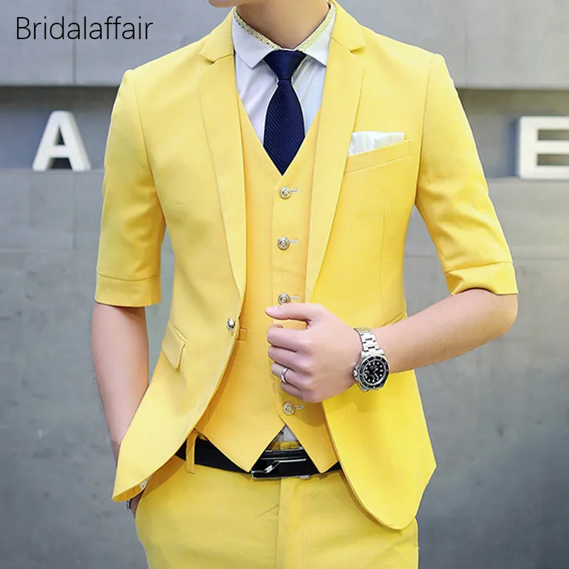 

KUSON Men Suit Set Short Sleeves Blazer Yellow Tuxedo Slim Fit Suits for Wedding Prom 3Pcs Mens Formal Suits (Jacket+Pants+Vest)