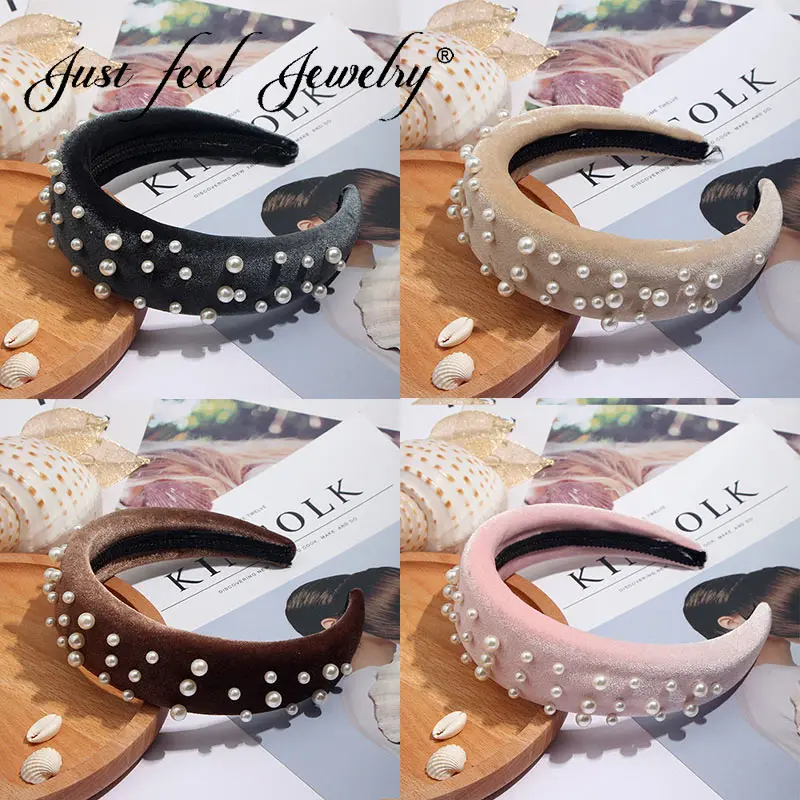 

JUST FEEL 6 Colors Velvet Women 4CM Wide Thicken Headband Hairbands Fashion Handmade Simulated Pearl Hair Hoop Hair Accessories