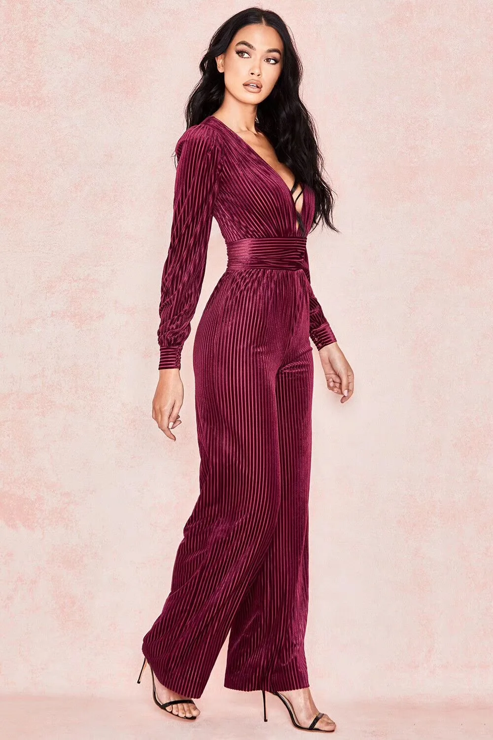 High Quality Wine Long Sleeve V-neck Full Length Fashion Jumpsuit Club Party Jumpsuit (2)