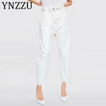 

YNZZU Ruched High Waist Jeans Women 2019 New Autumn Chic Solid Casual Denim Long Pants for Women Pockets Streetwear AB191