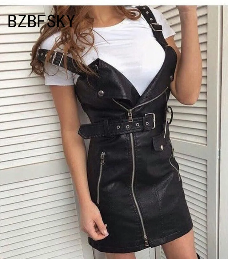 

BZBFSKY 2020 New Women Leather Dress Soft PU Faux Leather Dress V Nck Sexy Slim Retro Black Short Mini Dress vestido de festa