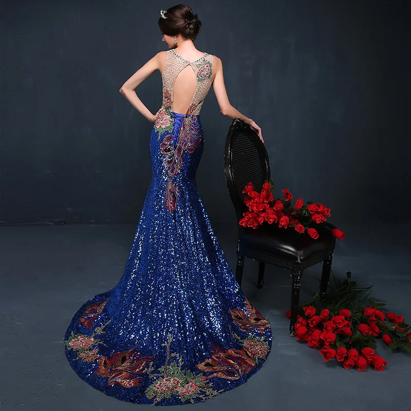 

Luxury Royal Blue Chinese Evening Dresses Gorgeous Long Cheongsams Sequins/Rhinestones/Embroidery Backless Prom Gown qipao