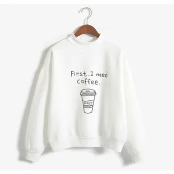 

Autumn Winter Women Harajuku Hoodies Kawaii I Need Coffee Letter Print Sweatshirt Long Sleeve Turtleneck Fleece Girls Pullover