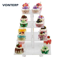 VONTERP square transparent 4 Tier Acrylic Cupcake Display Stand /acrylic cake stand/Acrylic cake holder with base for party