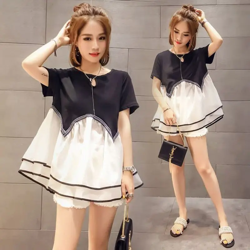 

Maternity Clothes pregnant women cotton blouses plus size short sleeve cotton patchwork ruffles hem lovely shirts maternity