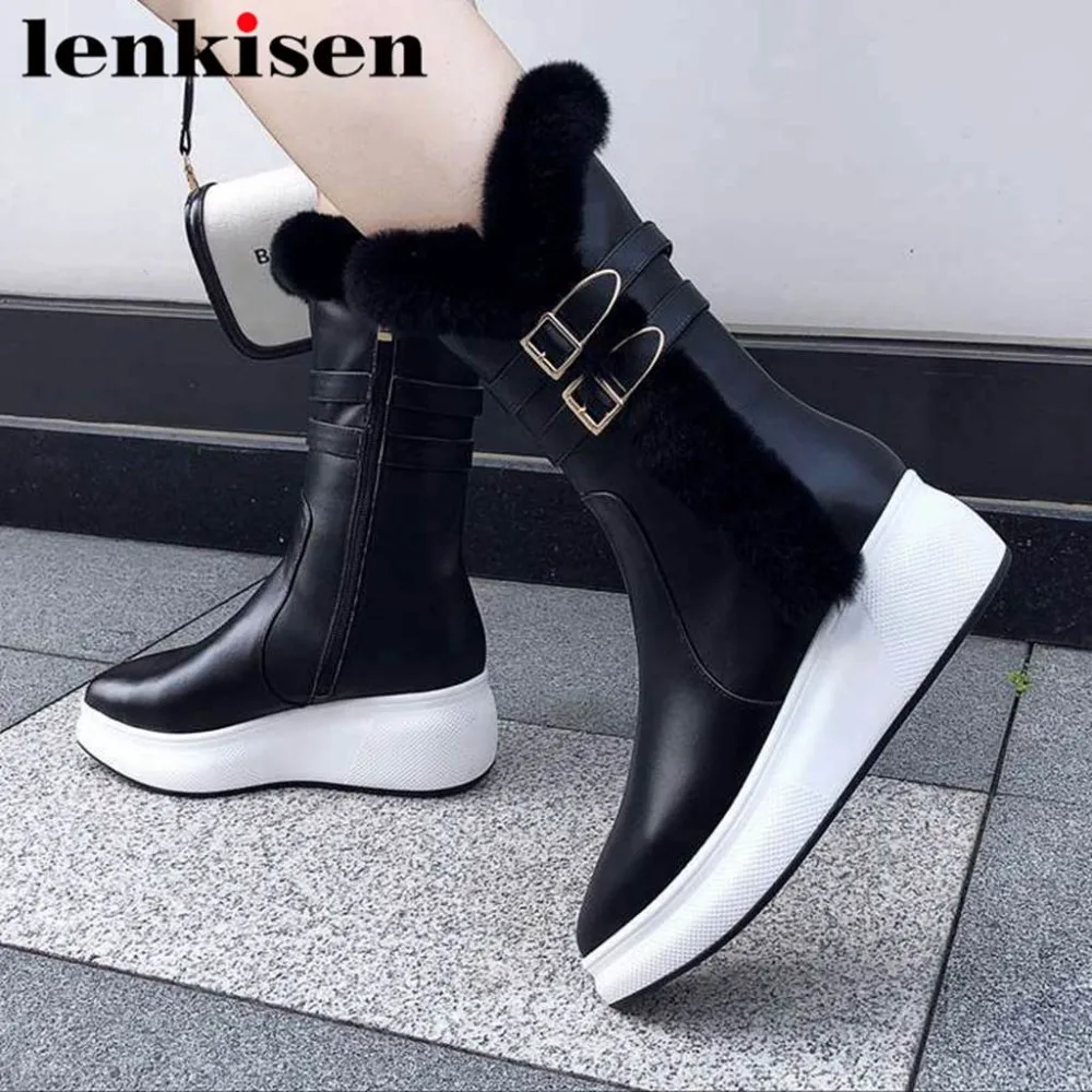 

Lenkisen cow leather buckle belt fur decoration zip winter snow boots pointed toe med thick bottom platform mid-calf boots L01