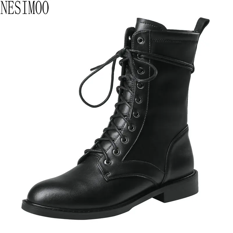 

NESIMOO 2019 Women Shoes Ankle Boots Genuine Leather Lace Up Solid Low Heel Round Toe Concise Casual Western Style Size 34-40