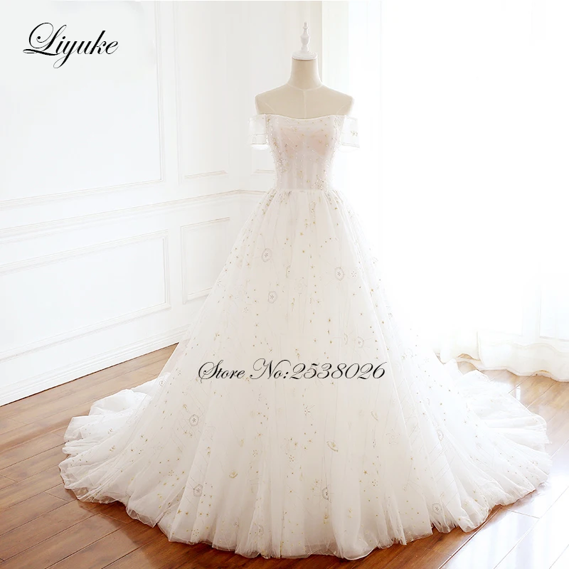 

Liyuke Strapless A-Line Wedding Dresses Off The Shoulder Sleeves Customize Made Appliques Vestido De Noiva With Gold Beads