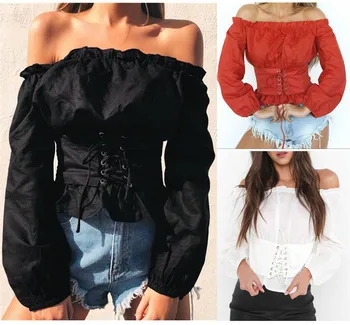 

Long Sleeve Women Crop Tops Off Shoulder Sexy Lace Up High Waist Fashion Women Sexy Shirt Casual Corp Tops
