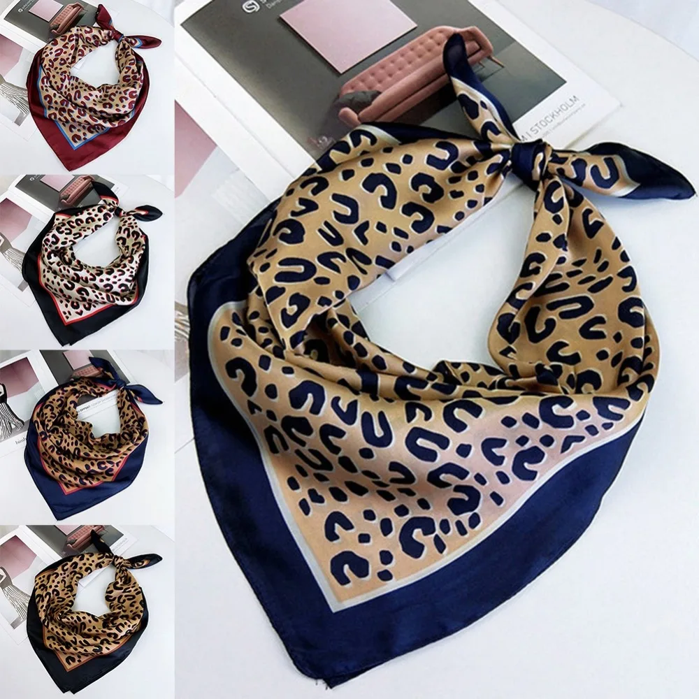 Elegant Women 70*70cm Square Silk Scarves Leopard Letters Soft Satin Scarf Retro Head Neck Hair Tie Band