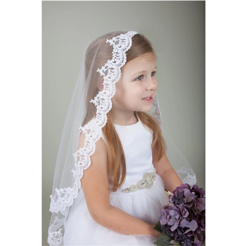 

Wedding Flower Girls First communion Veils Appliques Edge Children Kids Tulle Veils With Comb Voile Mariage Fille velo de Novia