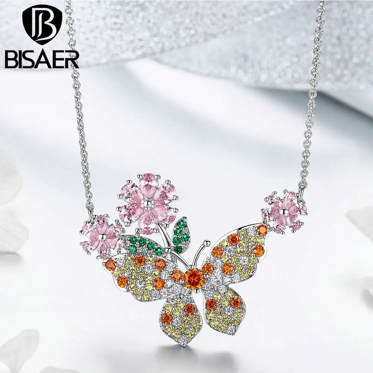 BISAER 2019 Новый кубический цирконий Бабочка розовый кубический цирконий цветок кулон цепи цепочки и ожерелья для женщин модные украшения