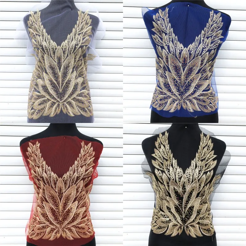 

1pc Gold Flower Sequin Body Embroidery Neckline Lace Applique Trimmings Collar for Evening Dress Sewing DIY Scrapbooking Patch