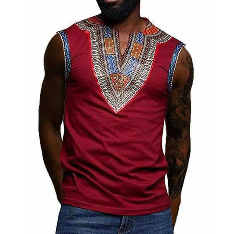 

Adult Men Casual African Traditional Dashiki Slim Tank Tops Sleeveless Singlet T-shirt Vest 3X-Large Tee For Male