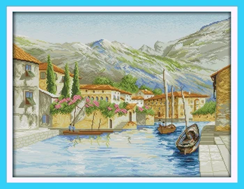 

A lake side town scenery home decor canvas Cross Stitch kits 14ct white 11ct print embroidery DIY handmade needlework wall