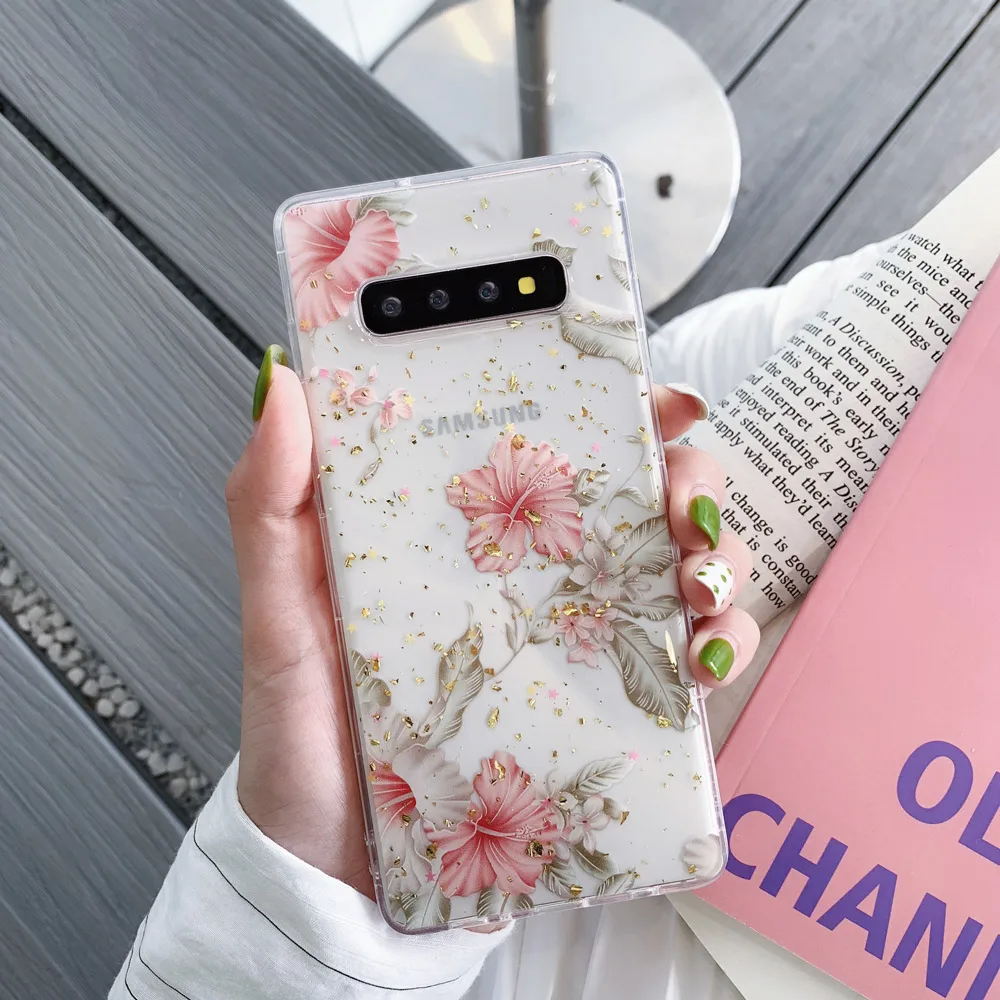 Роскошный цветочный чехол для Samsung S10 Plus телефона блестящий Galaxy Note 8 Note9 A7 A9 мягкий