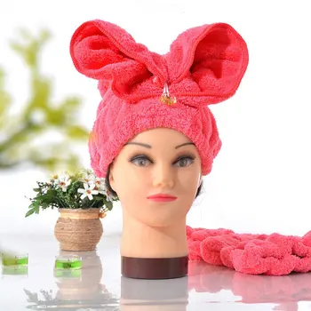 

Hot Sell Microfiber Hair Turban Quickly Dry Hair Hat Wrapped Towel Bath With Cute Rabbit Ears Bathroom Accessories