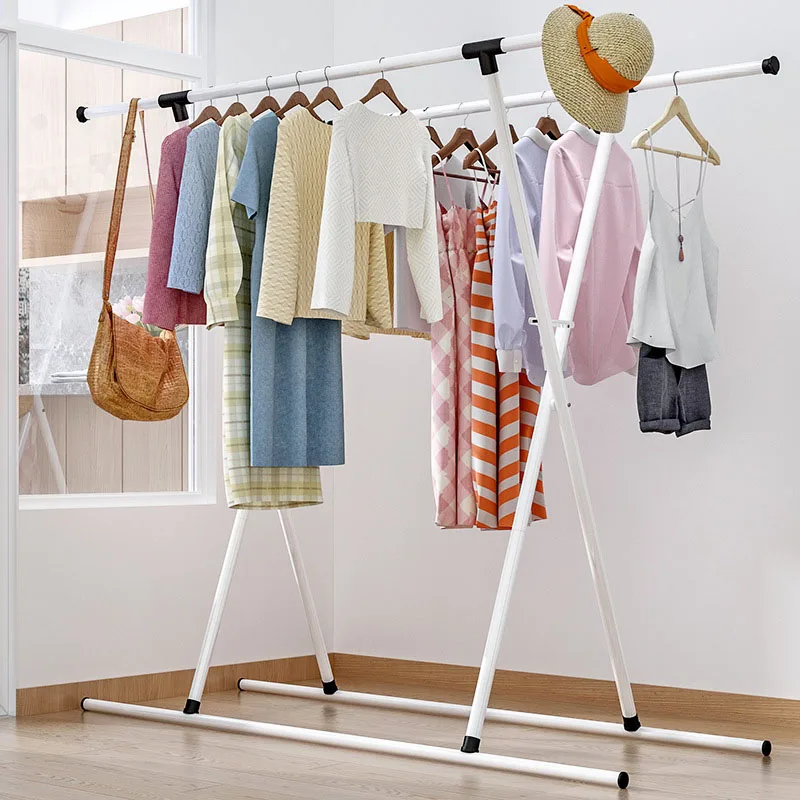 X Type Drying Rack Double Pole Folding Coat Rack Telescopic Convenience