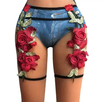 

Womens Sexy High Waist Caged Body Harness Embroidered Rose Flower Leaf Applique Leg Elastic Strappy Lingerie Garter Belt
