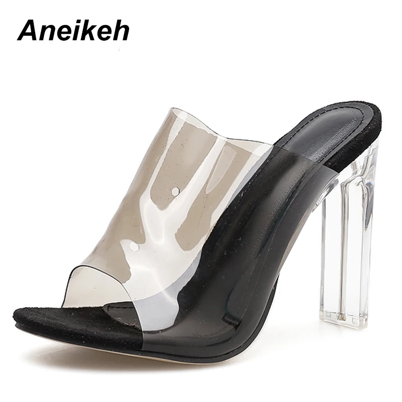 Aneikeh/ г. Новые Шлепанцы из ПВХ пикантные женские прозрачные туфли-лодочки на тонком каблуке с открытым носом, украшенные кристаллами размеры 41, 42
