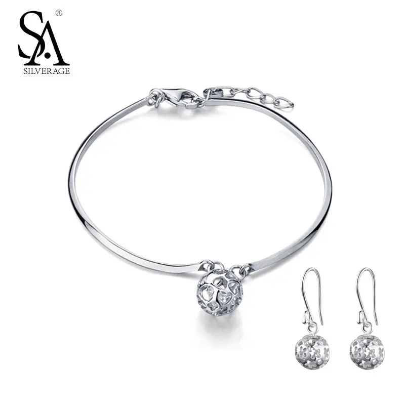 

SA SILVERAGE 925 Sterling Silver Jewelry Sets Birthday Gift Bangle and Hoop Earrings Party Jewelry Plant Ball Jewelry Set