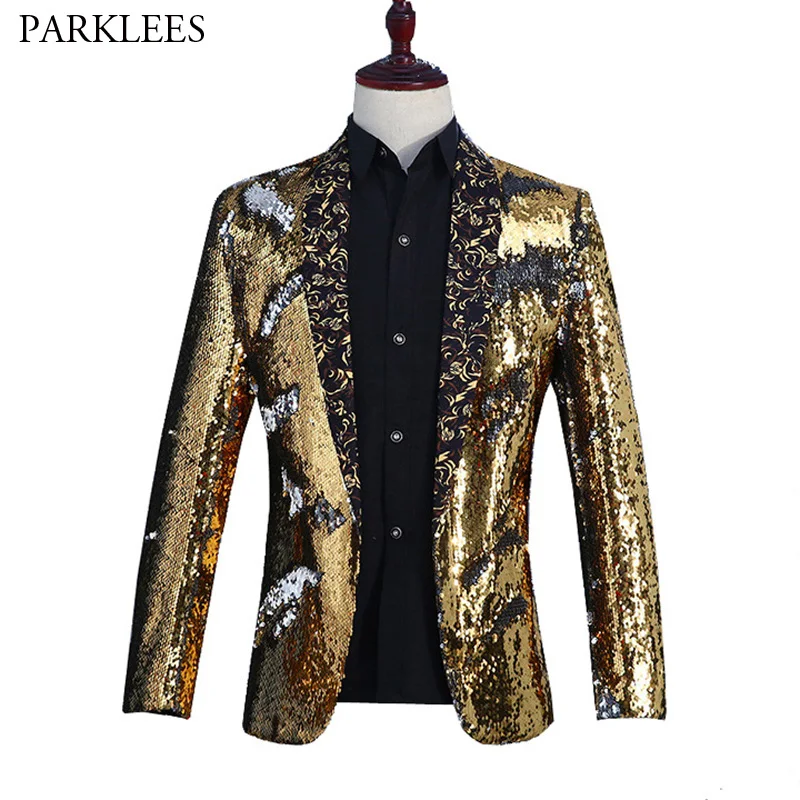 Mens Shiny Gold Sequin Shawl Collar Blazer Jacket Men Nightclub Prom ...