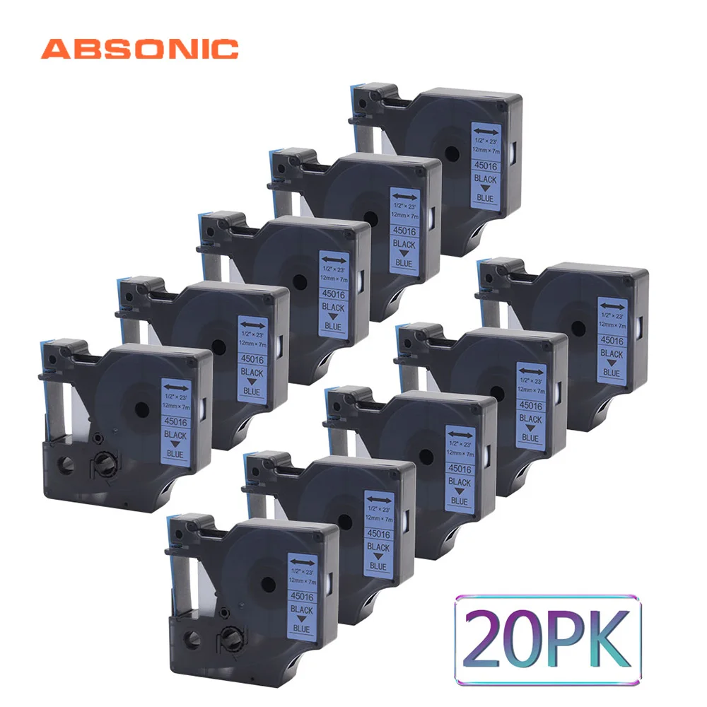 

Absonic 20PCS 45016 12mm Ribbon Tapes Cassette DYMO Black on Blue Lablemaker For Dymo LabelManager 160 280 260P 420P PnP Printer