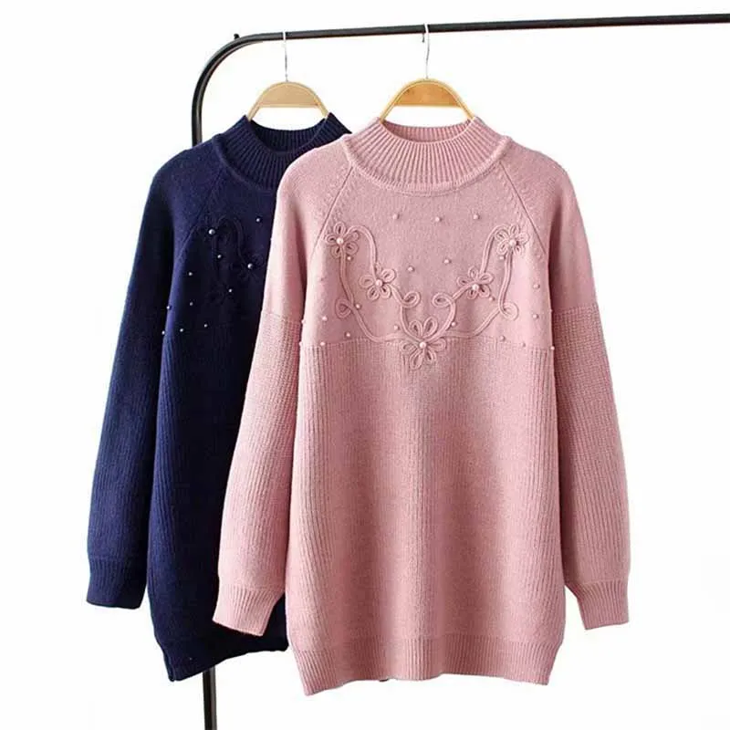 

Plus size 4XL Knitted sweaters women Long sleeve Beading pullover sweaters female Autumn Winter Bottoming shirt embroidery G462